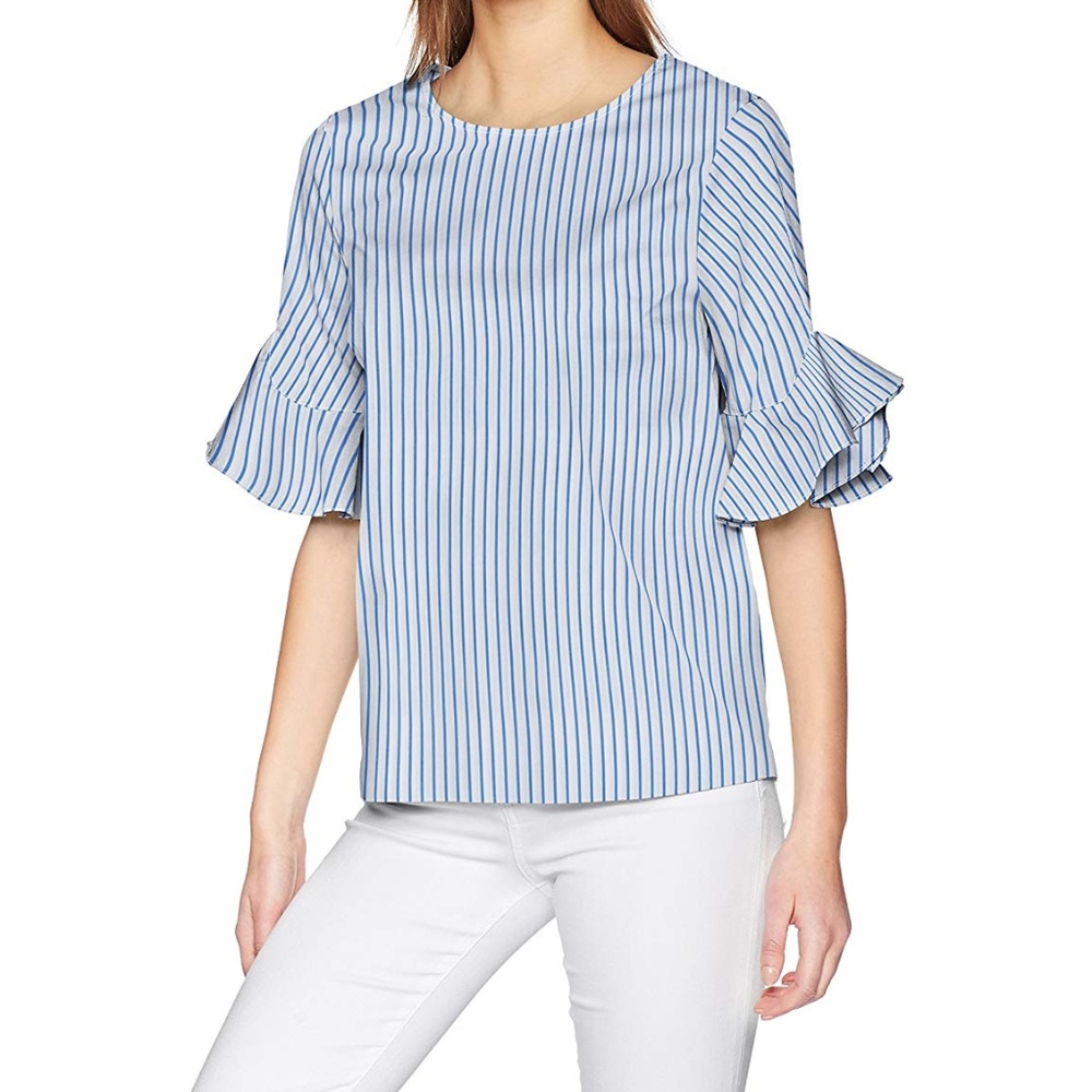 Calvin Klein ruffle sleeve blue/white blouse